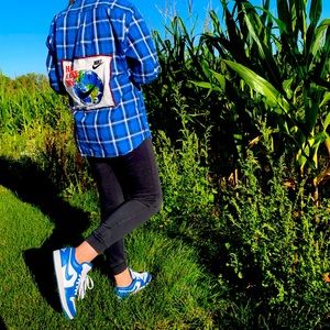 Nike graphic on an up-cycled flannel